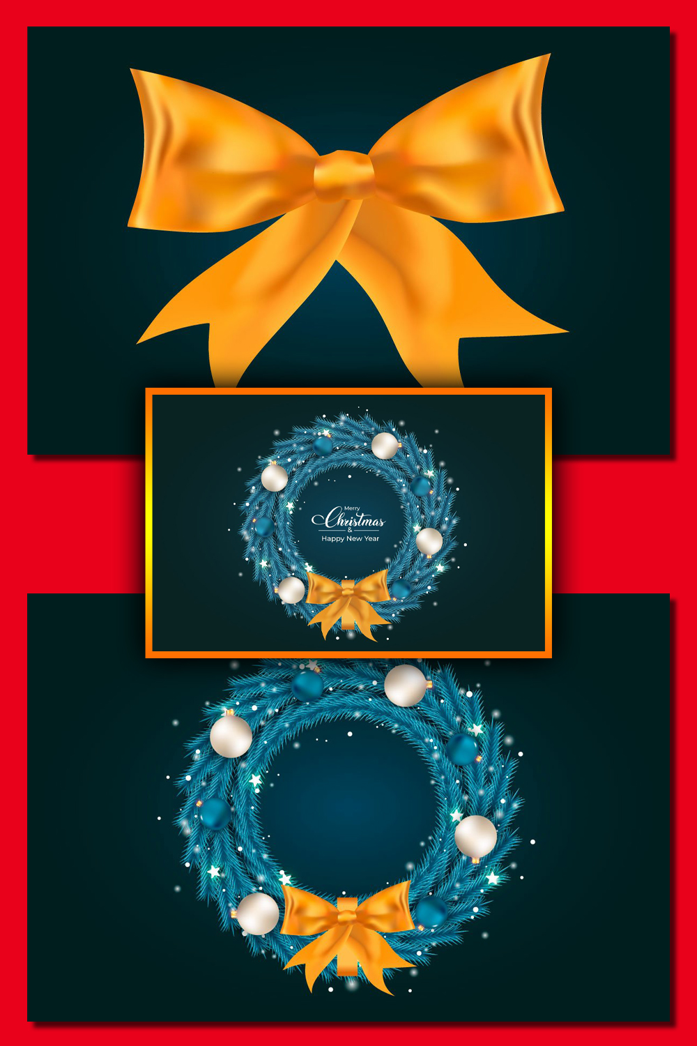 Pinterest illustrations of christmas blue wreath with golden ribbon.