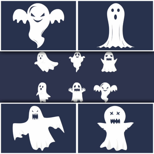 Images with halloween ghost set on a dark background.