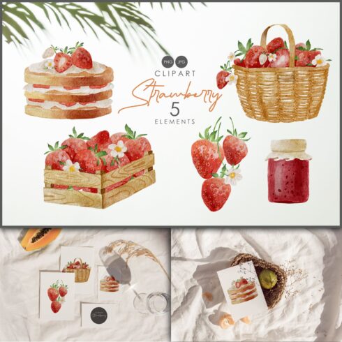 Watercolor illustration of a jar of strawberry jam, a cake with strawberry jam, a basket of strawberries and a box of strawberries.