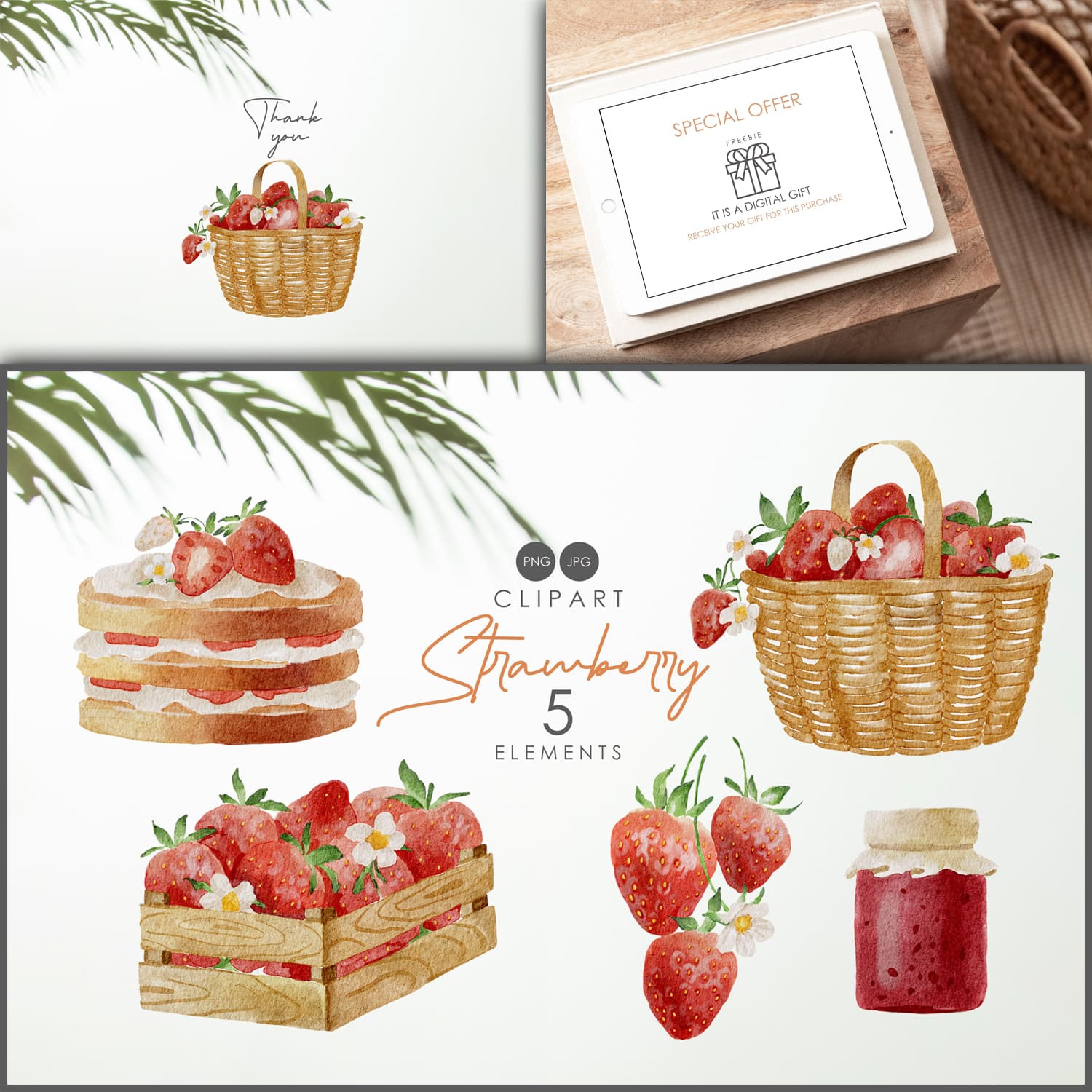 Fresh strawberries and strawberry products on a white background.