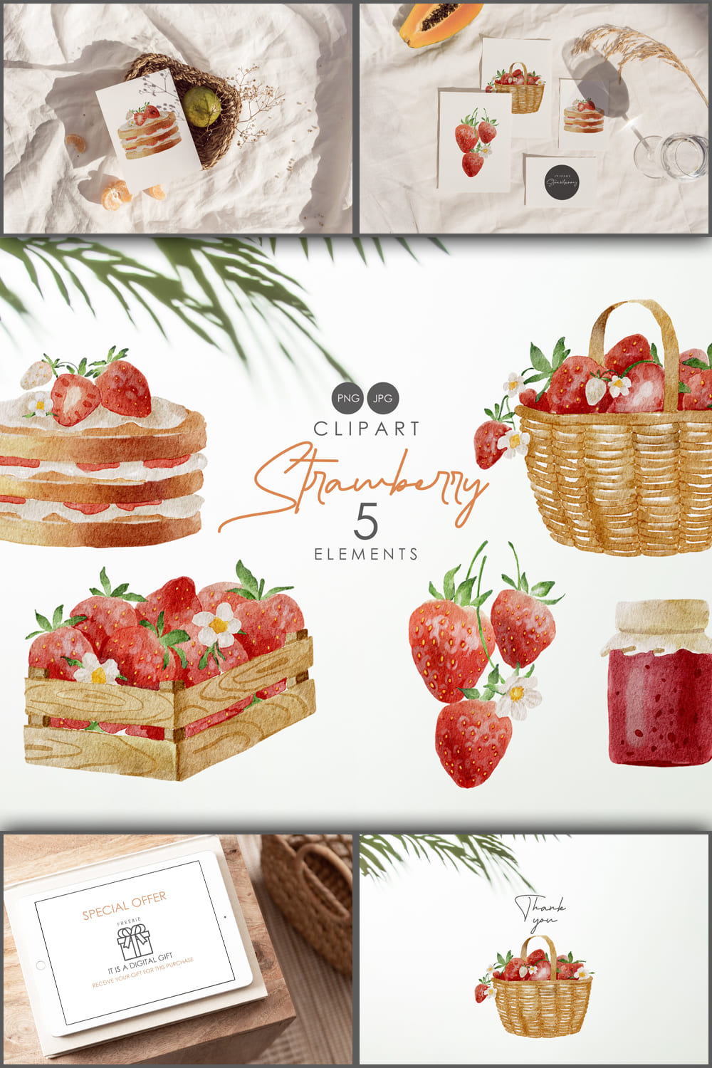 Watercolor Strawberry Clipart, Fruits Elements.