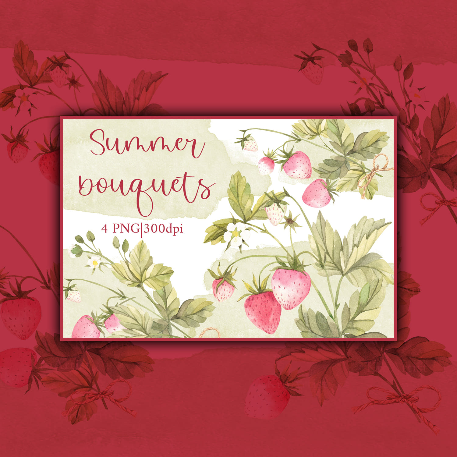 On a burgundy background Strawberry Bouquets Illustration | Watercolor Clipart PNG.