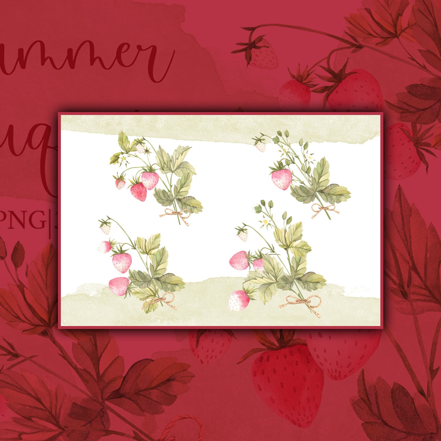 On a burgundy background, a white slide with painted bushes with pink strawberries.