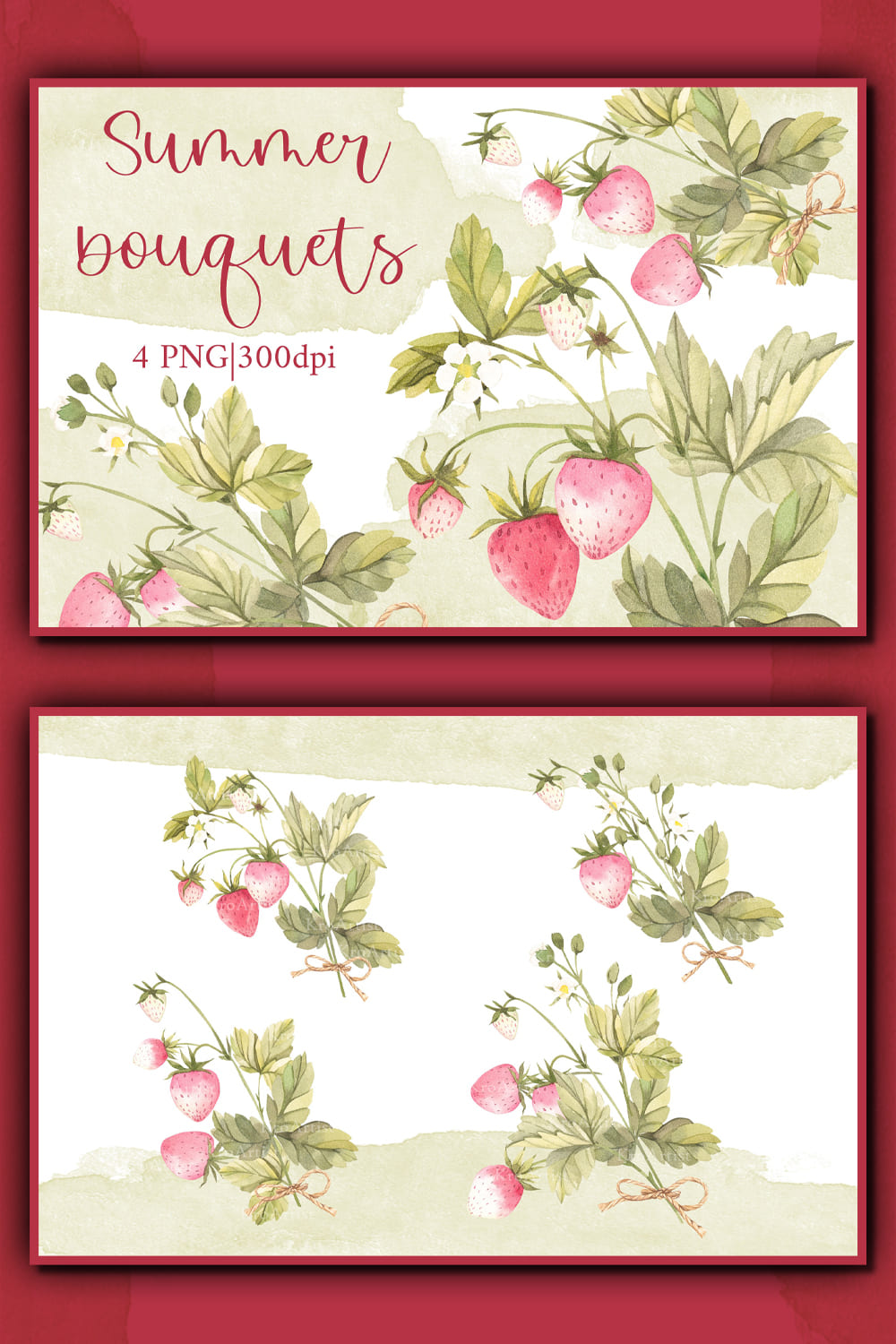 On a burgundy background, two parallel images with bouquets of strawberries.