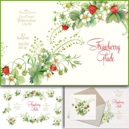 Compositions of strawberries and strawberry flowers and small green berries.
