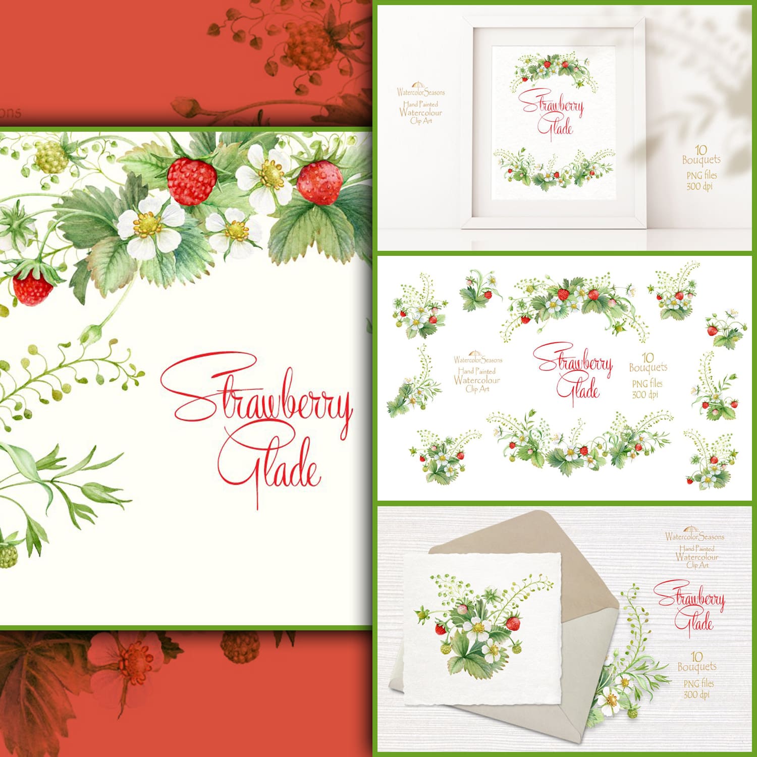 Four slides with the image of wild strawberry bouquets.