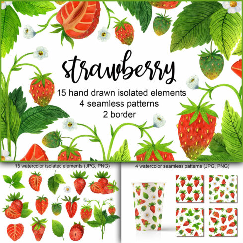 Bright green strawberry plants are drawn on a white background.