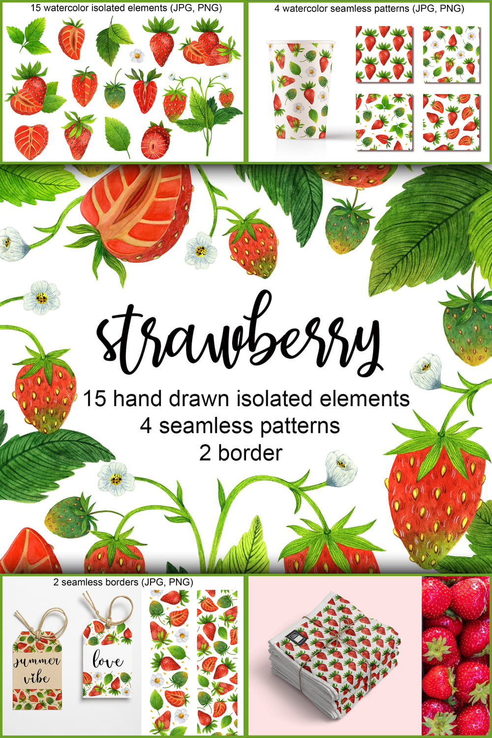 Illustration of a large sliced ​​strawberry and a whole small strawberry.