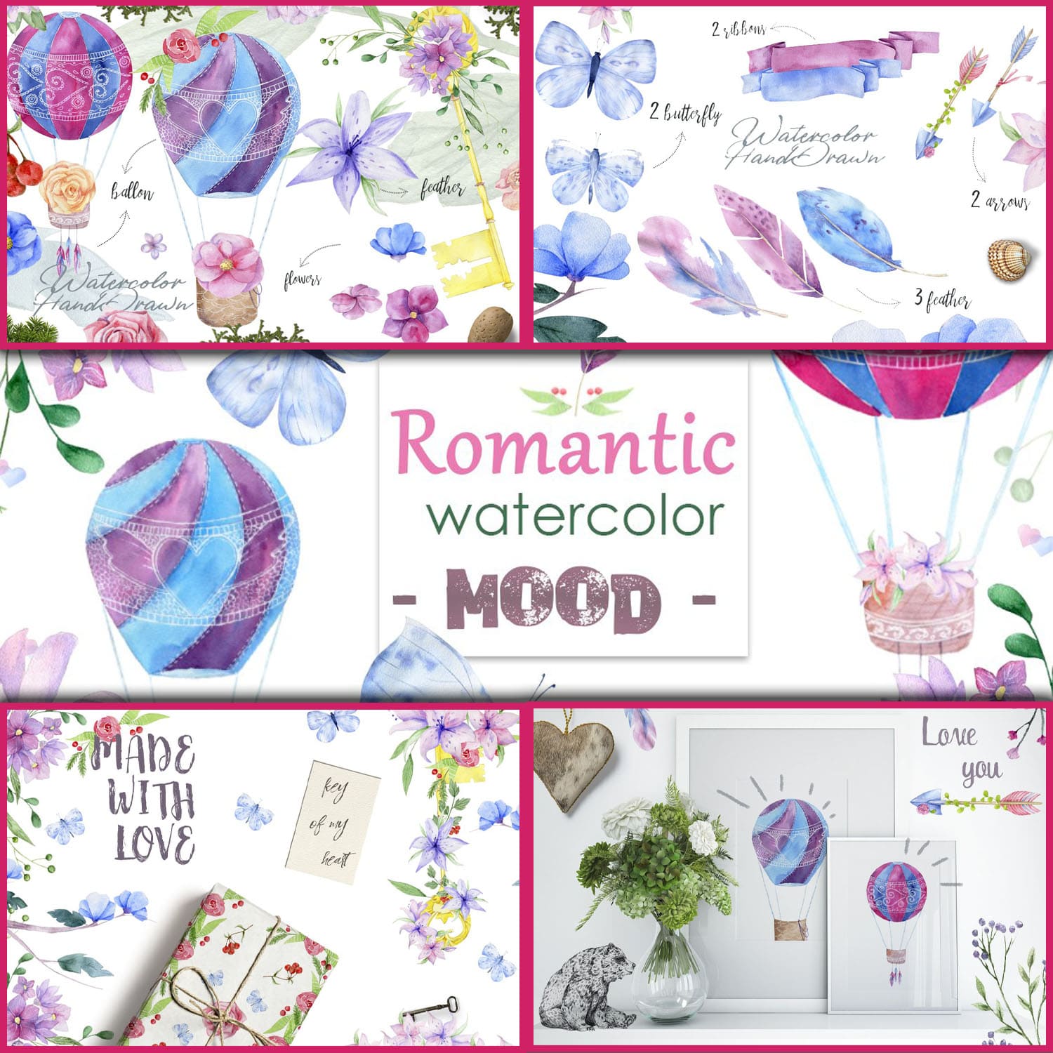 Several patterns with a romantic watercolor design.