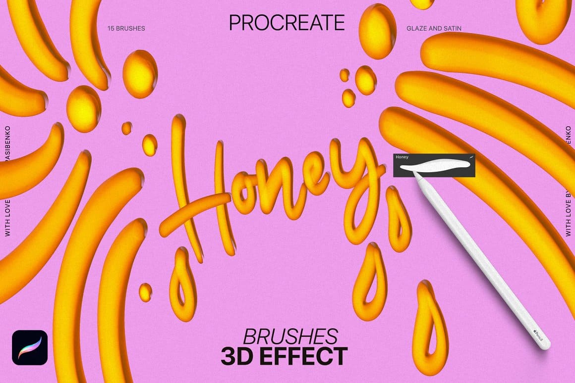 The word honey and drops of honey are drawn with 3D brushes.