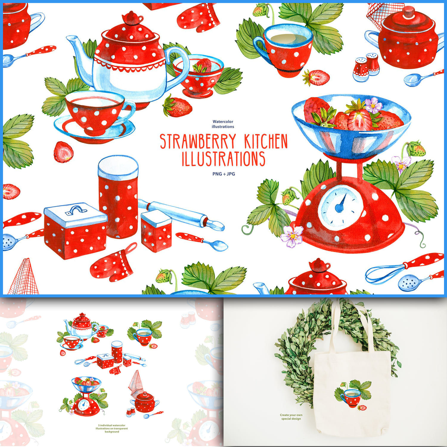 Illustrations of strawberry cuisine in white polka dots.