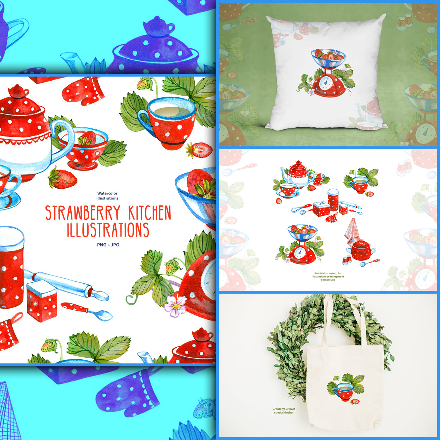 Examples of using strawberry kitchen illustrations on household items.