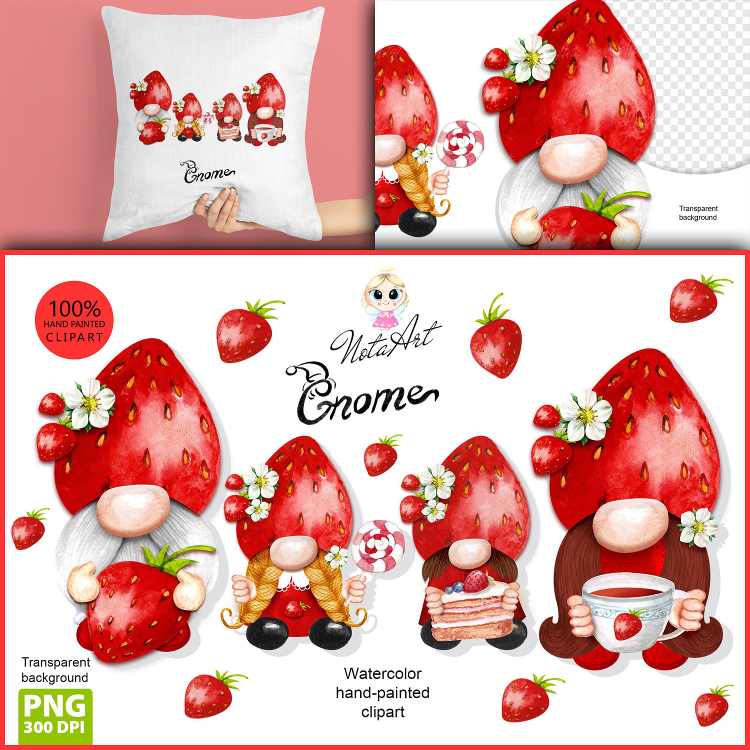Examples of using the image of a family of gnomes decorated with strawberries in everyday things.