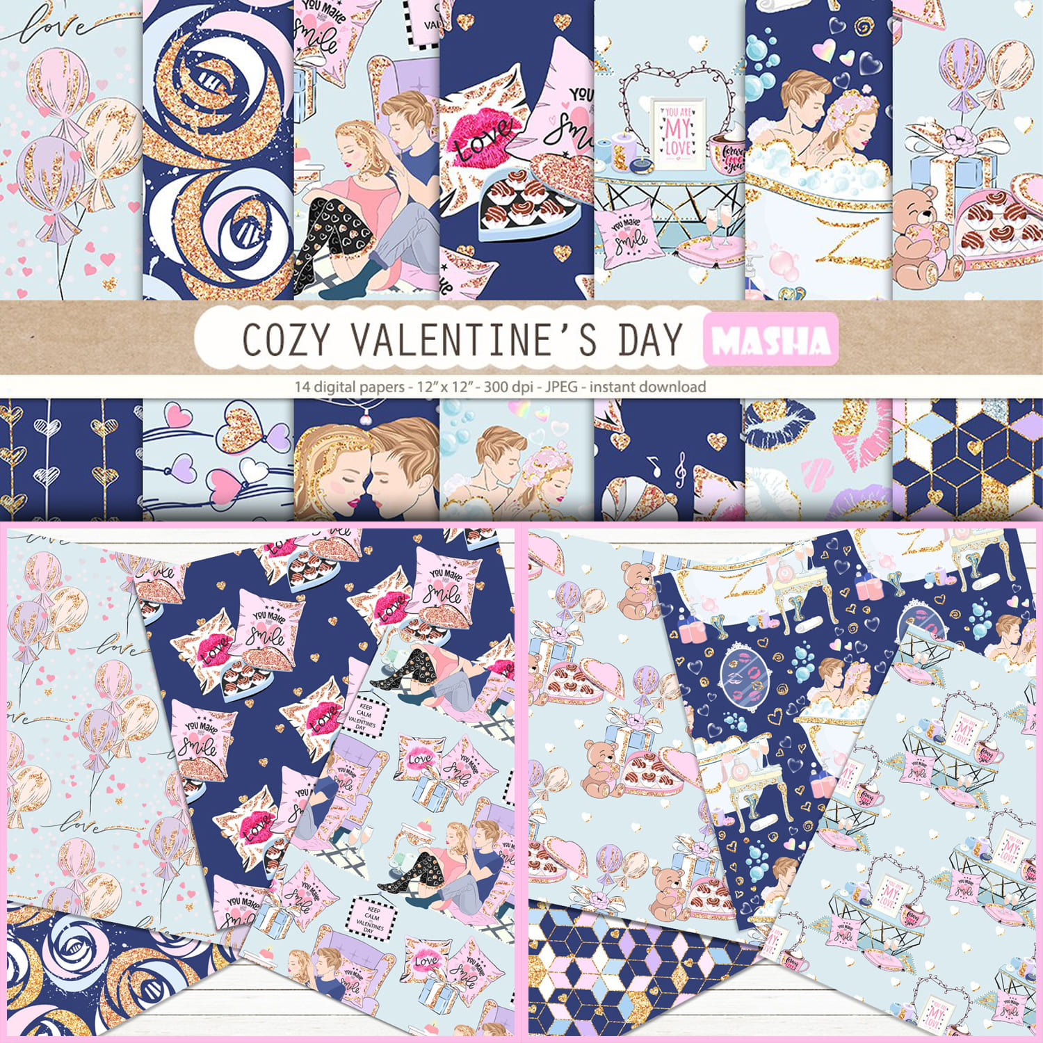 14 cozy patterns in blue colors for Valentine's Day.