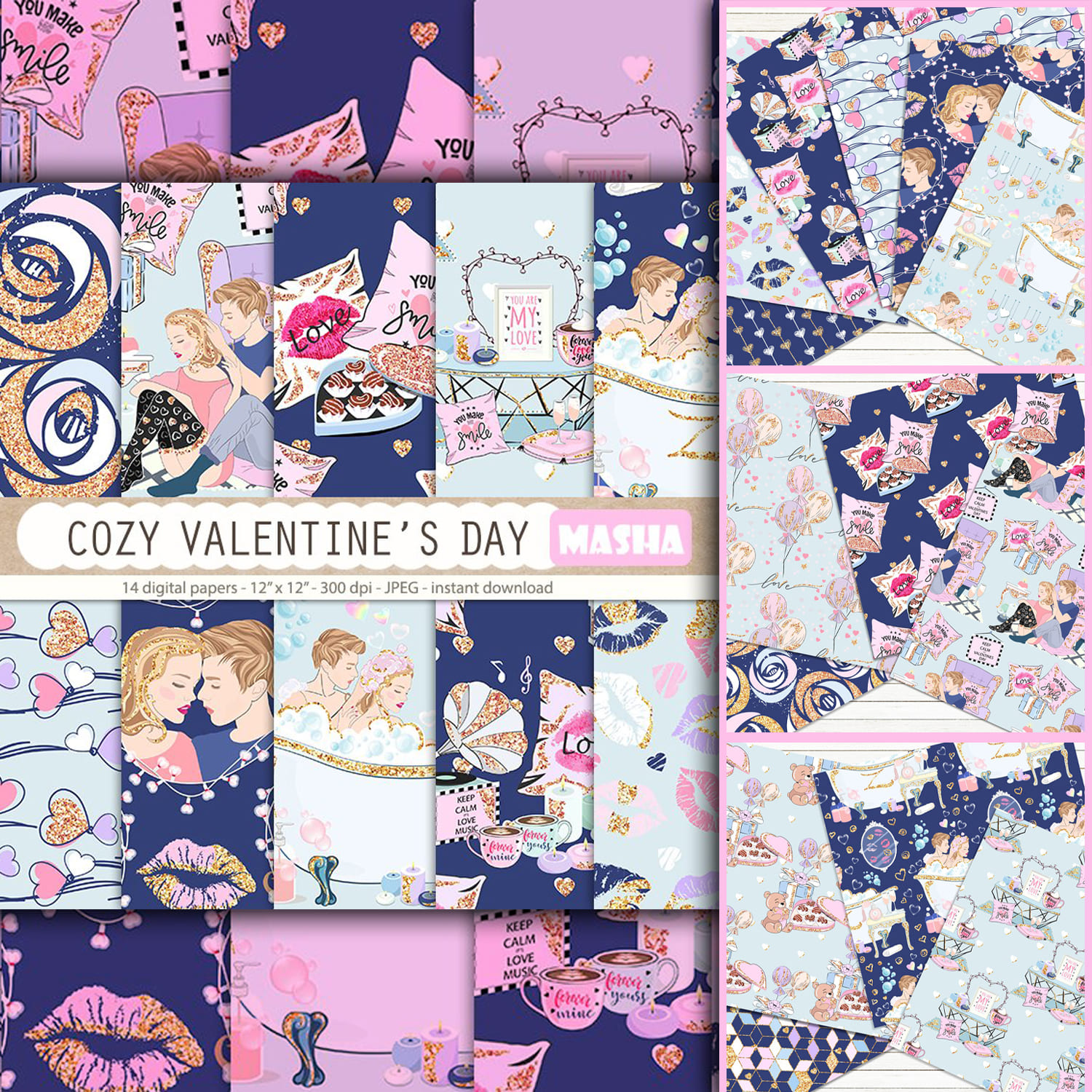 Romantic dates are depicted on patterns with a cozy celebration of Valentine's Day.