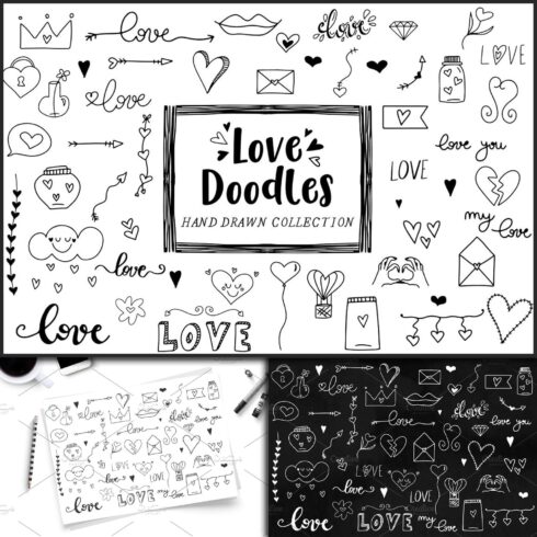 Variants of love doodles on white and black backgrounds.