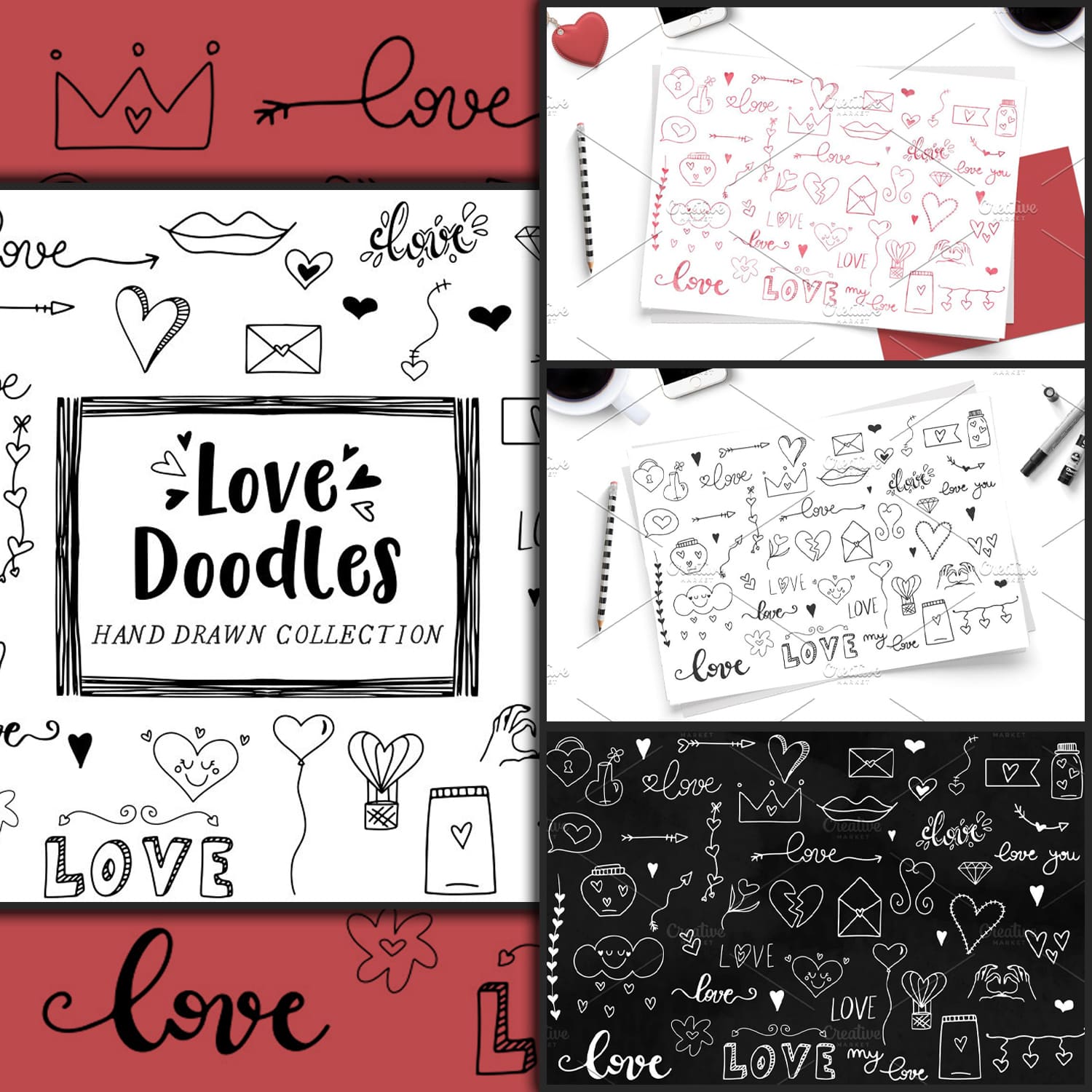 Artistic variations of love doodles on different backgrounds.