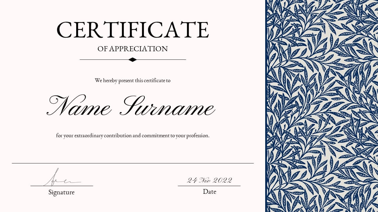 White certificate of appreciation with blue narrow leaves on background.