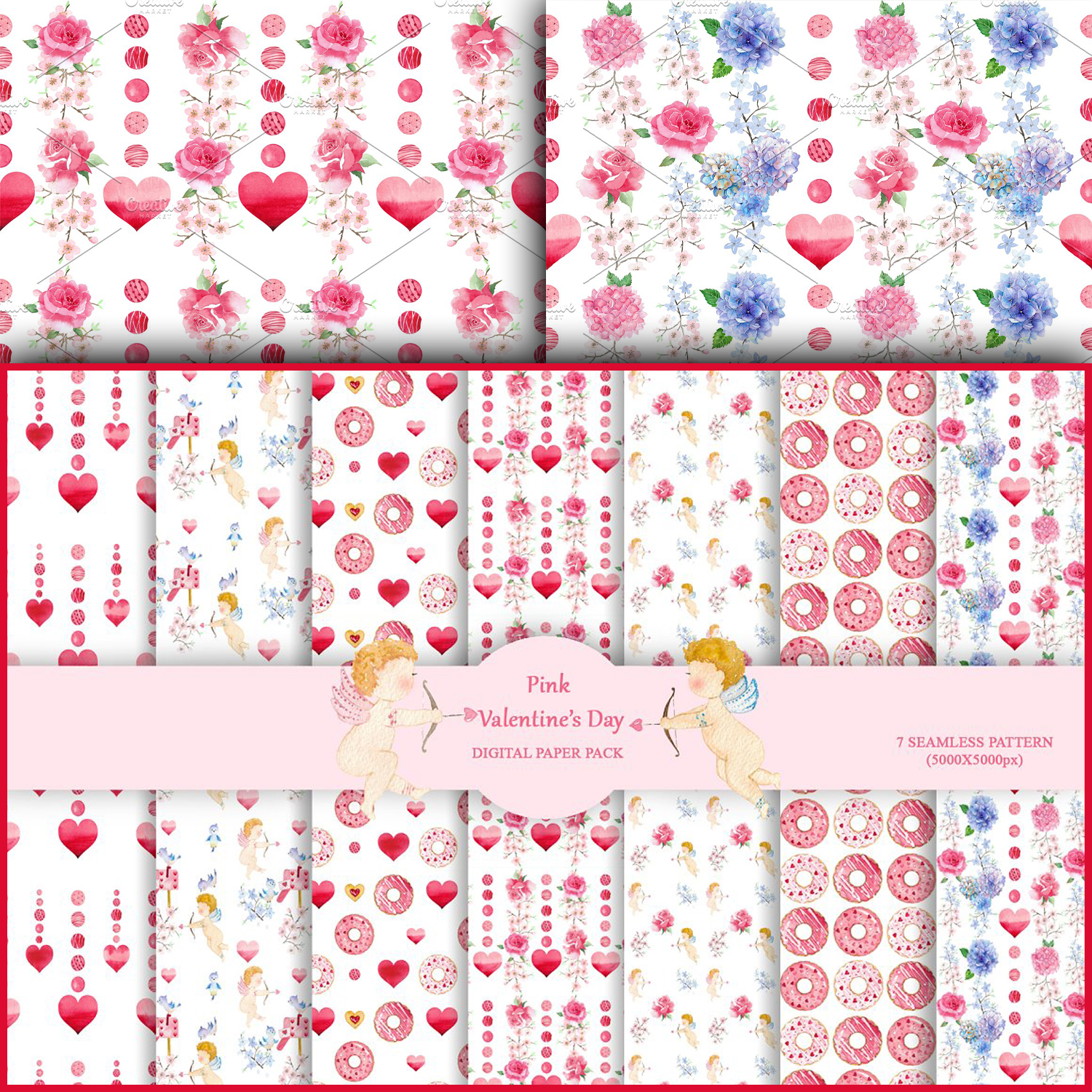 Illustrations of textures valentines day digital paper pack.