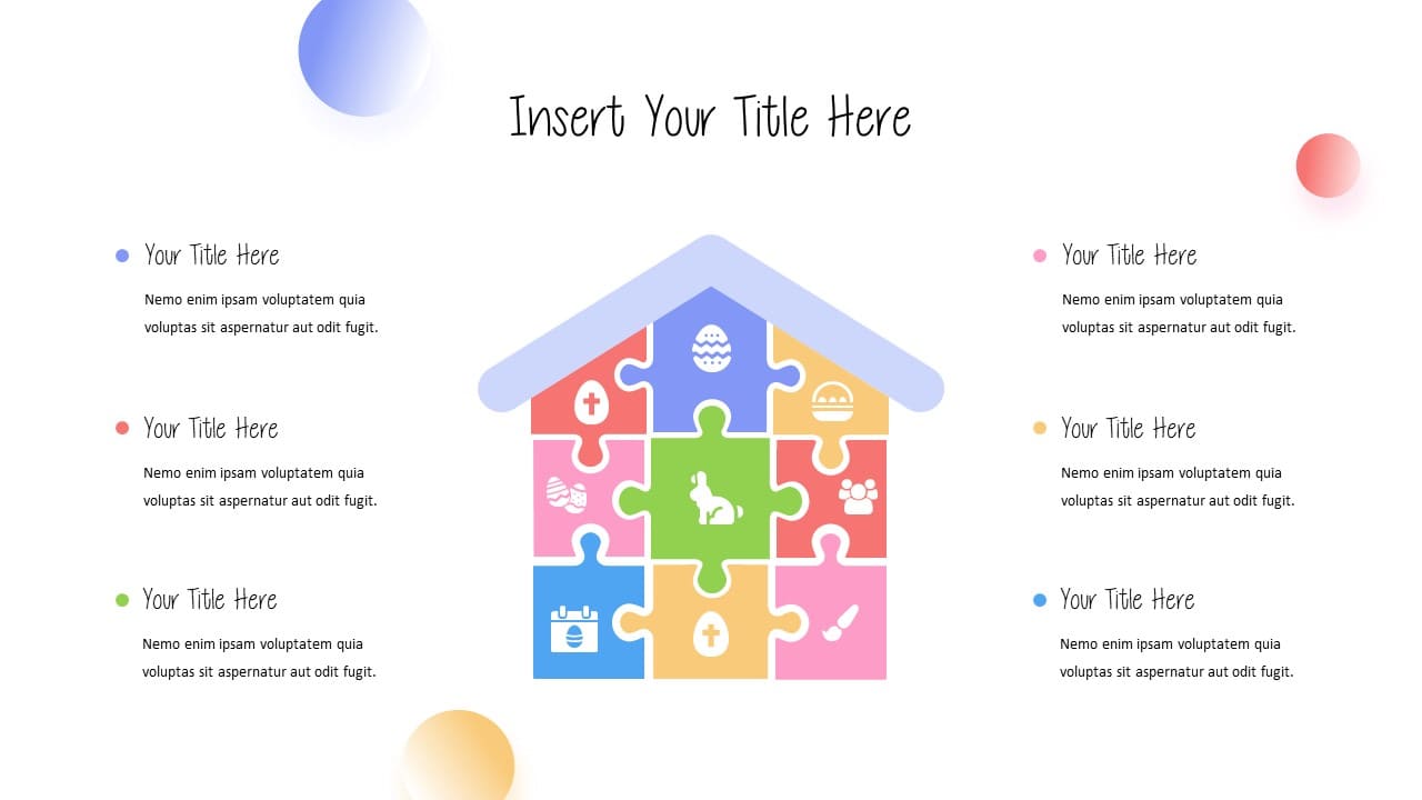 Easter Powerpoint Template infographic in the shape of a puzzle house.