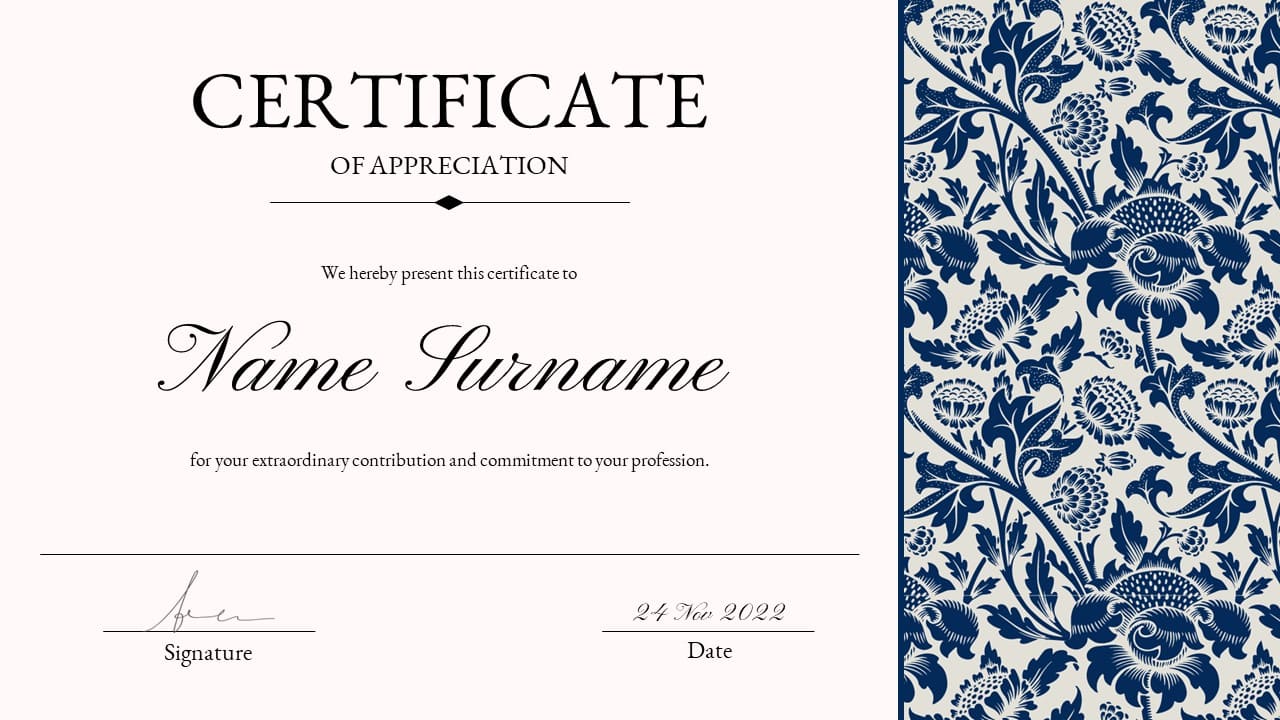 White certificate of appreciation with blue sunflower flowers.