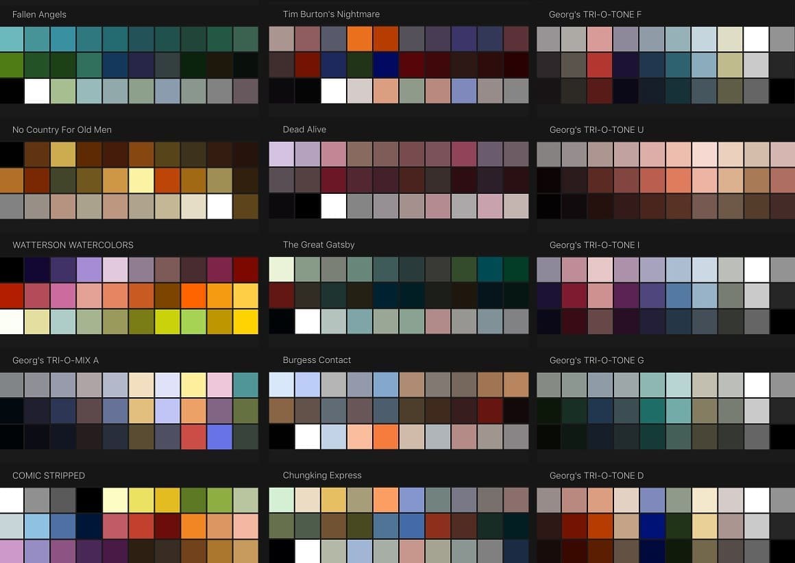 Color palettes in the form of squares.