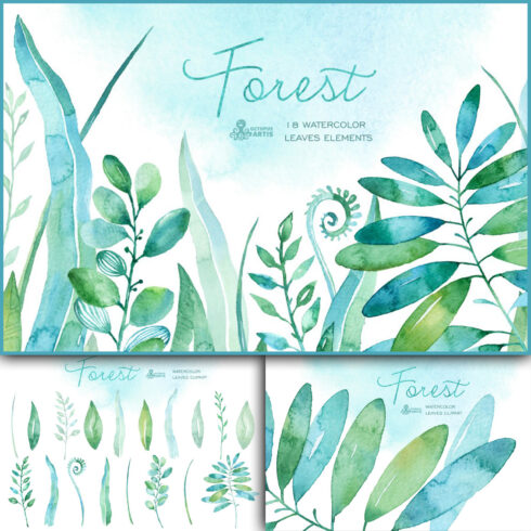 Images with forest watercolor leaves.