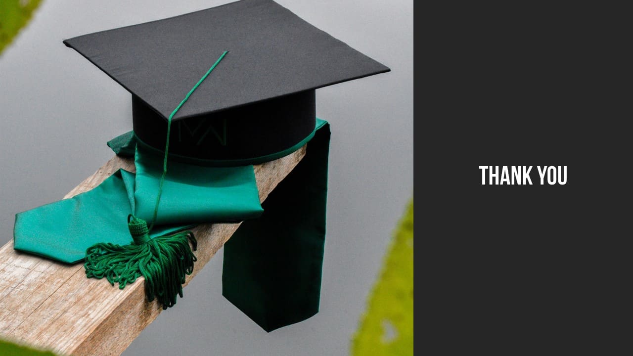 The photo shows a graduate's hat and the word "Thank you" written on it.