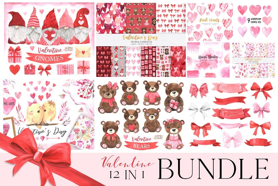 Romantic patterns with birds, bears and gifts.