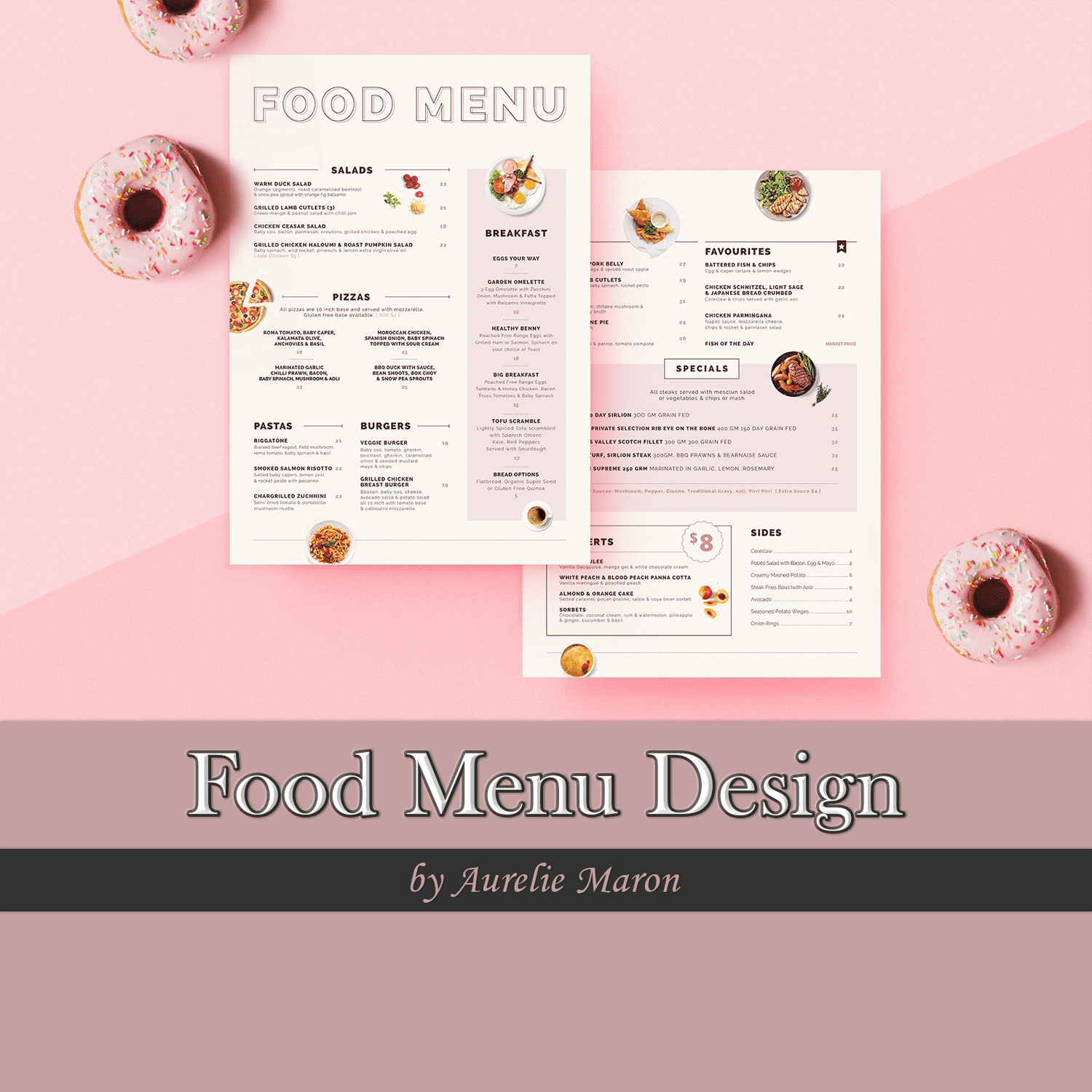A menu with delicious donuts is depicted on a pink background.