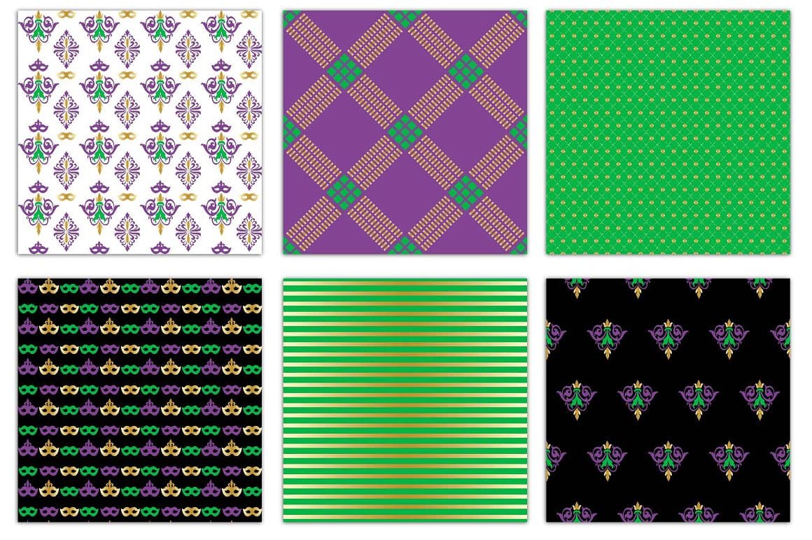 Six patterns depicting masks, decorative curved lines and stripes.