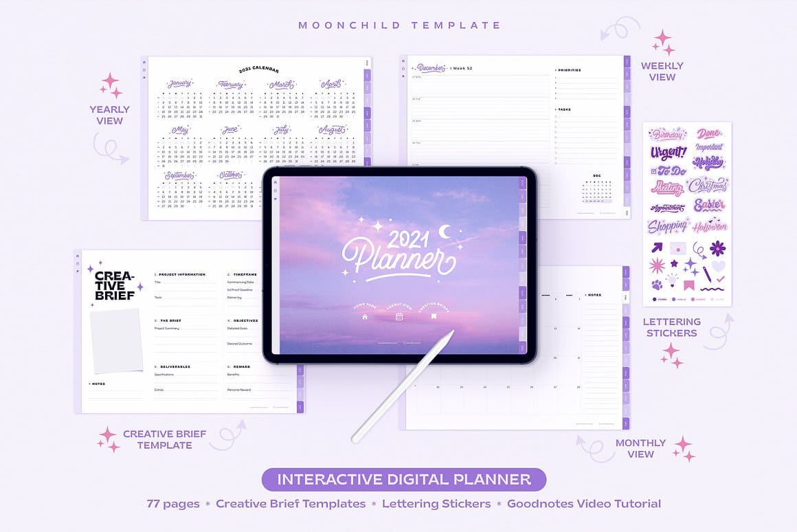 Moonchild template of interactive digital planner.