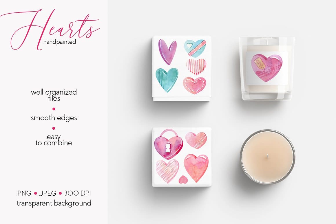 Box and label with painted watercolor hearts for a candle.