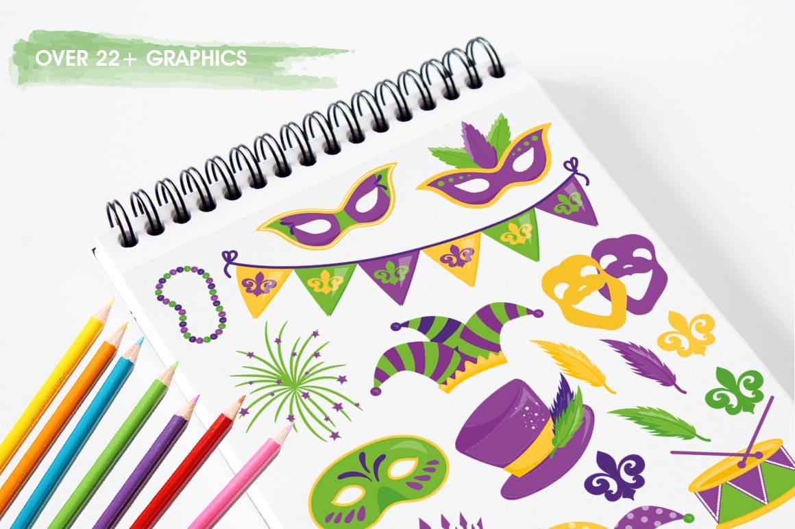 Mardi Gras icons are drawn on a white notebook sheet.