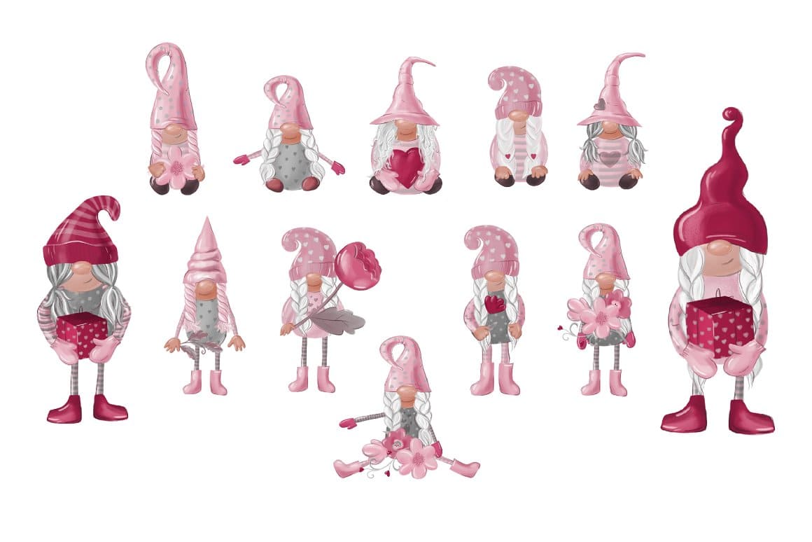 Dwarfs in pale pink costumes for Valentine's Day.