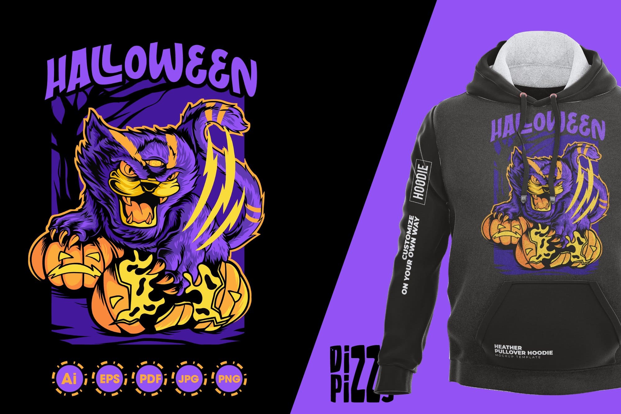 Gray hoodie with a purple Halloween cat print with a third eye.