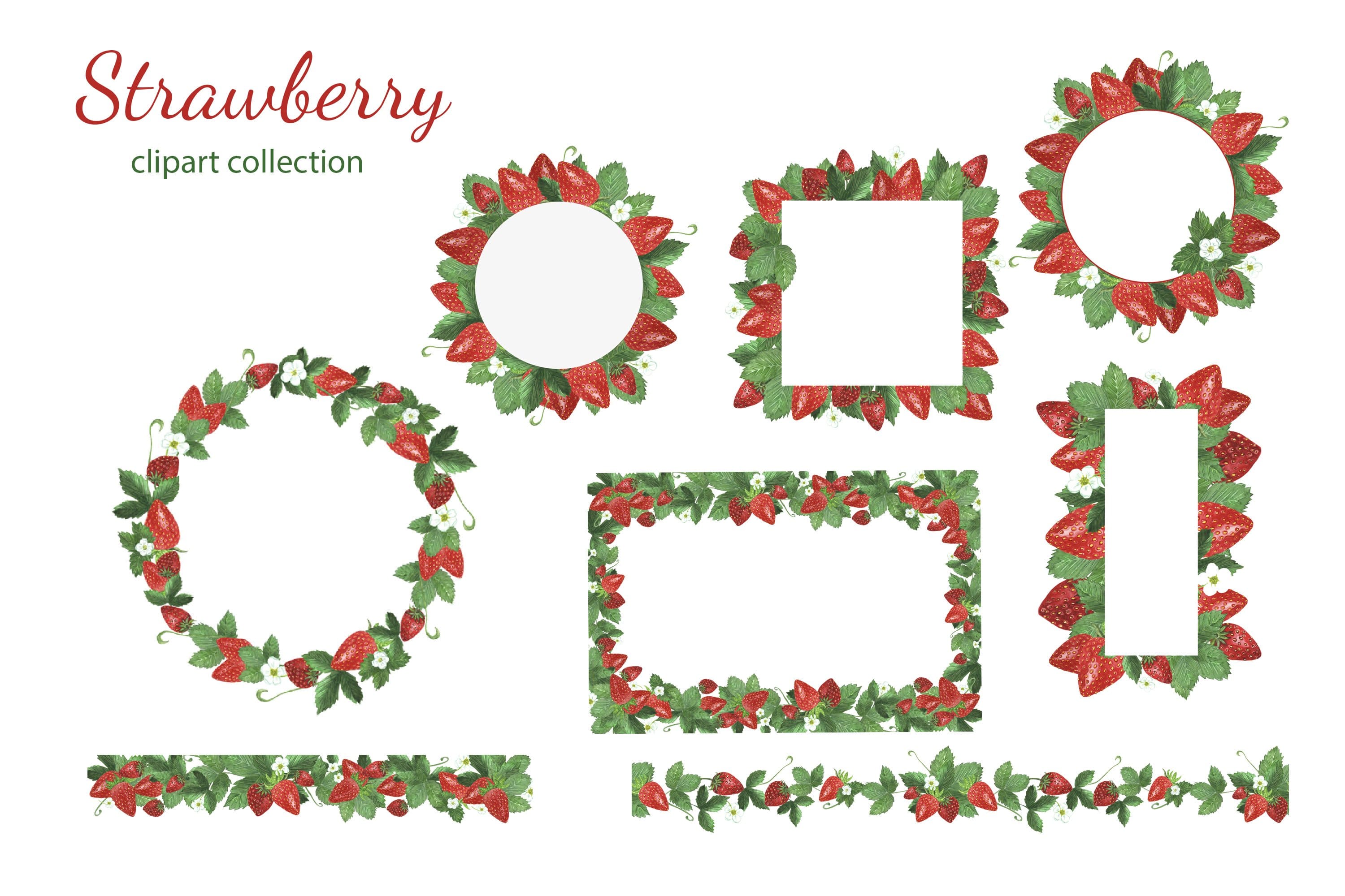 Frames of strawberries and green leaves of different shapes.