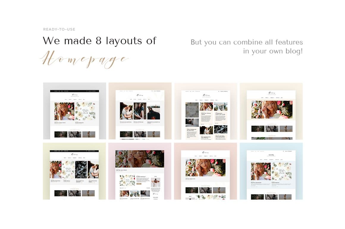 Team of Aerin wordpress blog shop theme made 8 layouts of Homepage.
