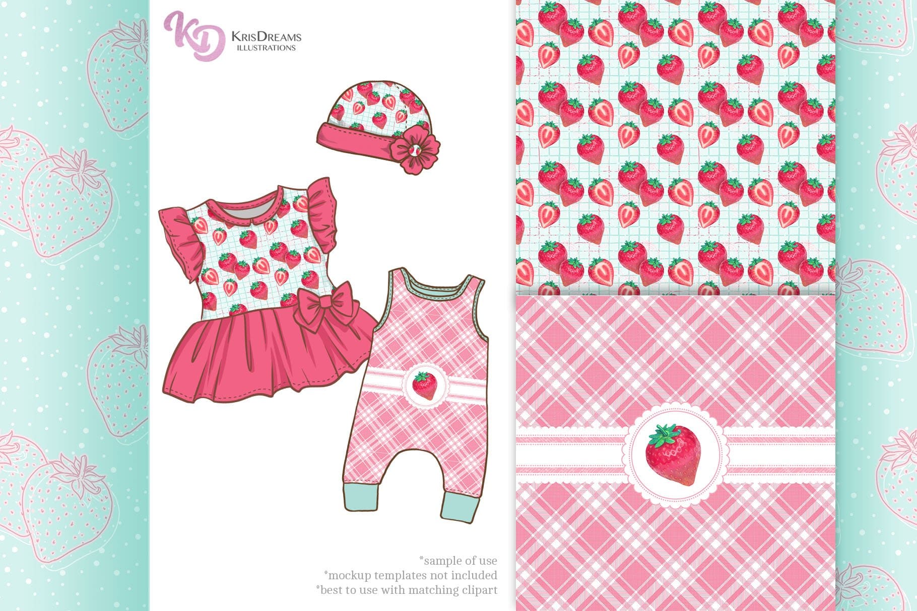 Children's dresses and hats with a strawberry print.