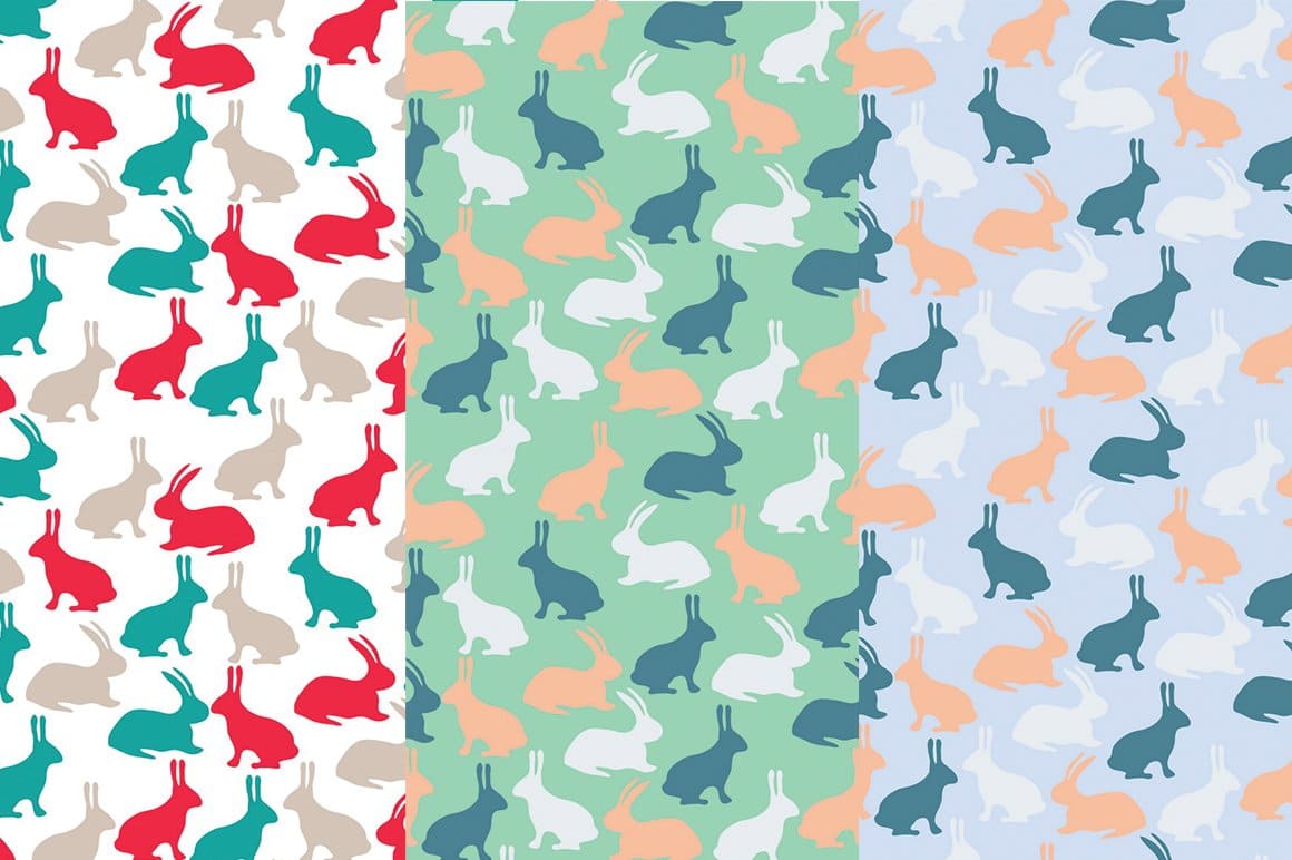 Three patterns with colorful Easter bunnies.