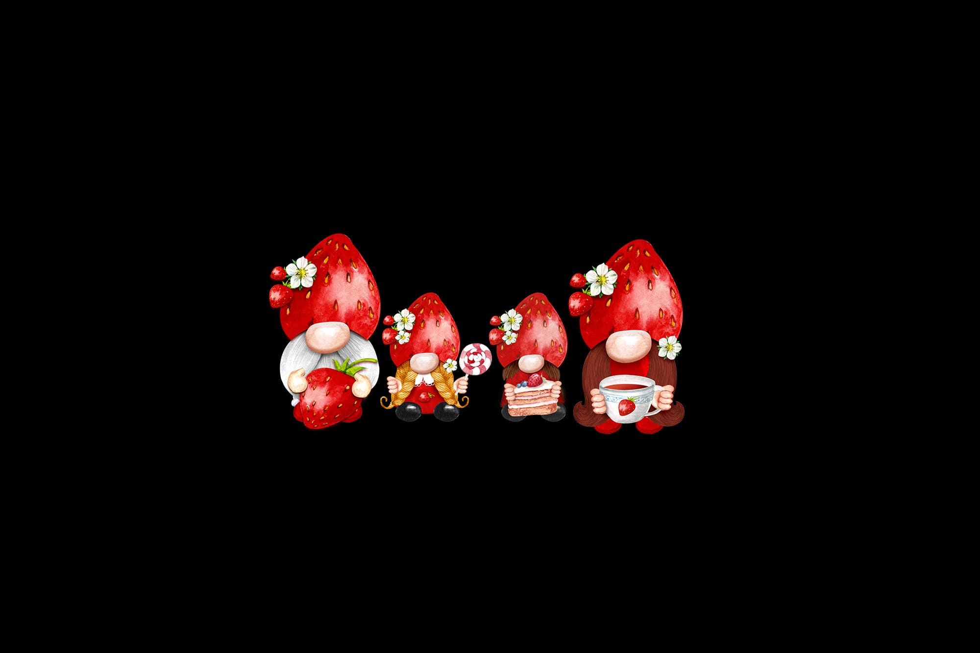 Image of a family of gnomes wearing strawberry hats on the black background.