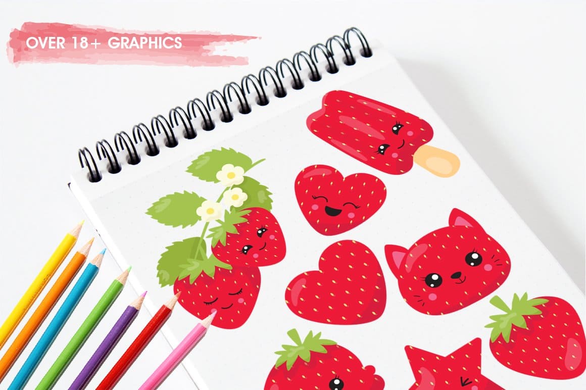 Pictures of a red live strawberry in a notebook.