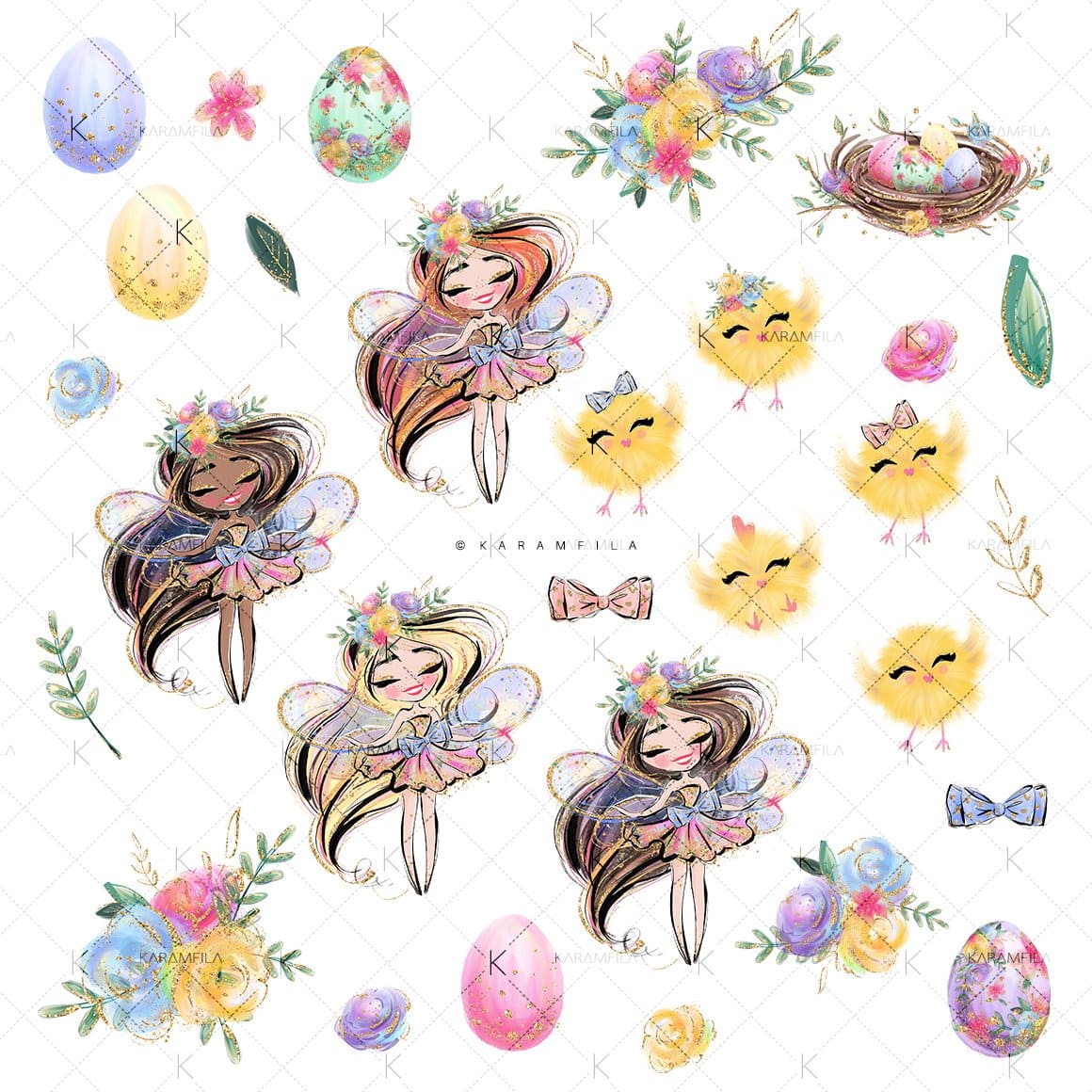 Easter chickens with bows and Easter bouquets on a white background.