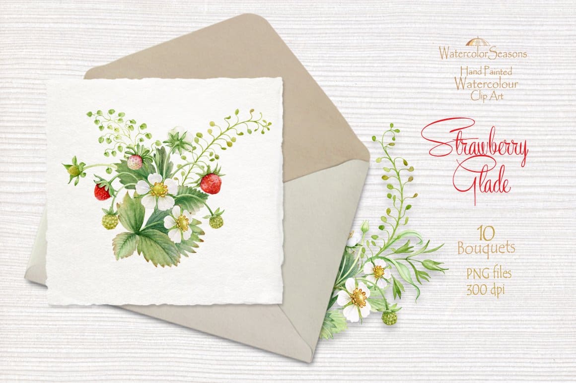 An envelope with a postcard on which wild strawberries are drawn.