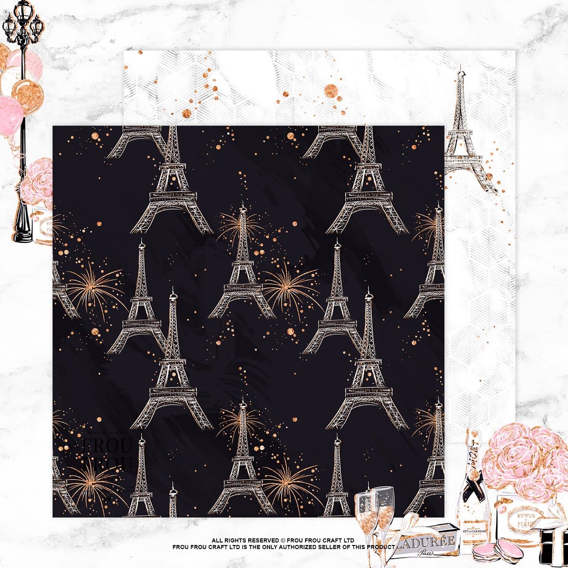 The Eiffel Tower and fireworks are depicted on the black background of the pattern.