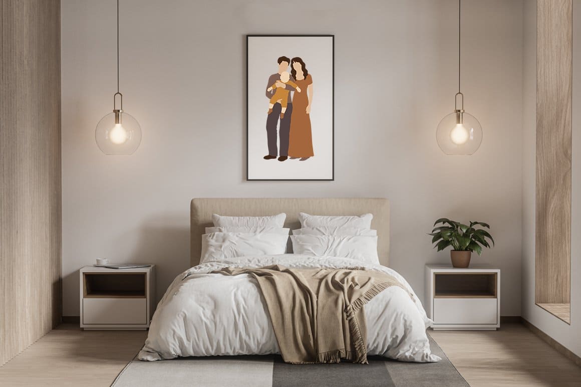 Clipart of an abstract family portrait on a wall in a bedroom above a large bed.