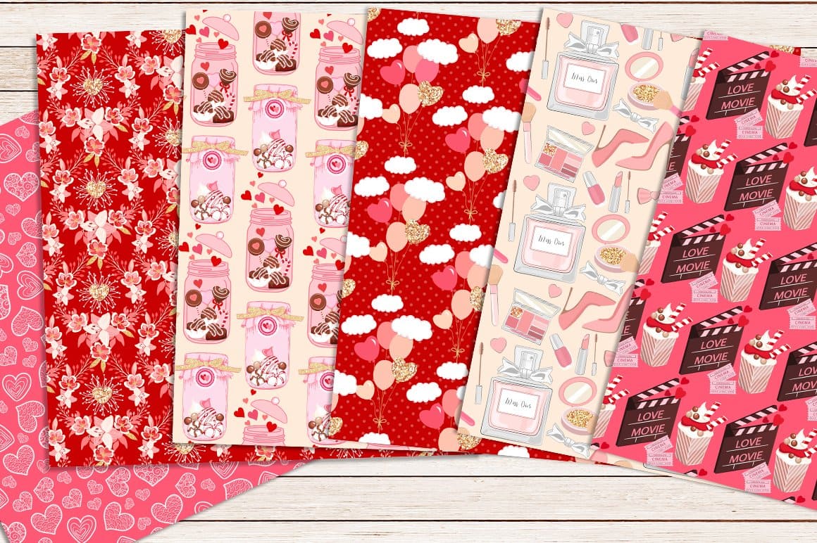 Six sample patterns with pink images of women's cosmetics, balloons, hearts and love movies.