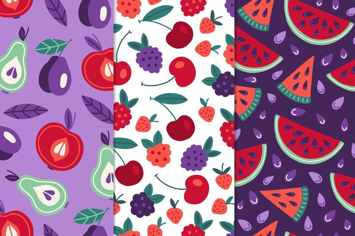 Juicy watermelon, green pears, red apples are drawn on a purple background, and berries are drawn on a white background.