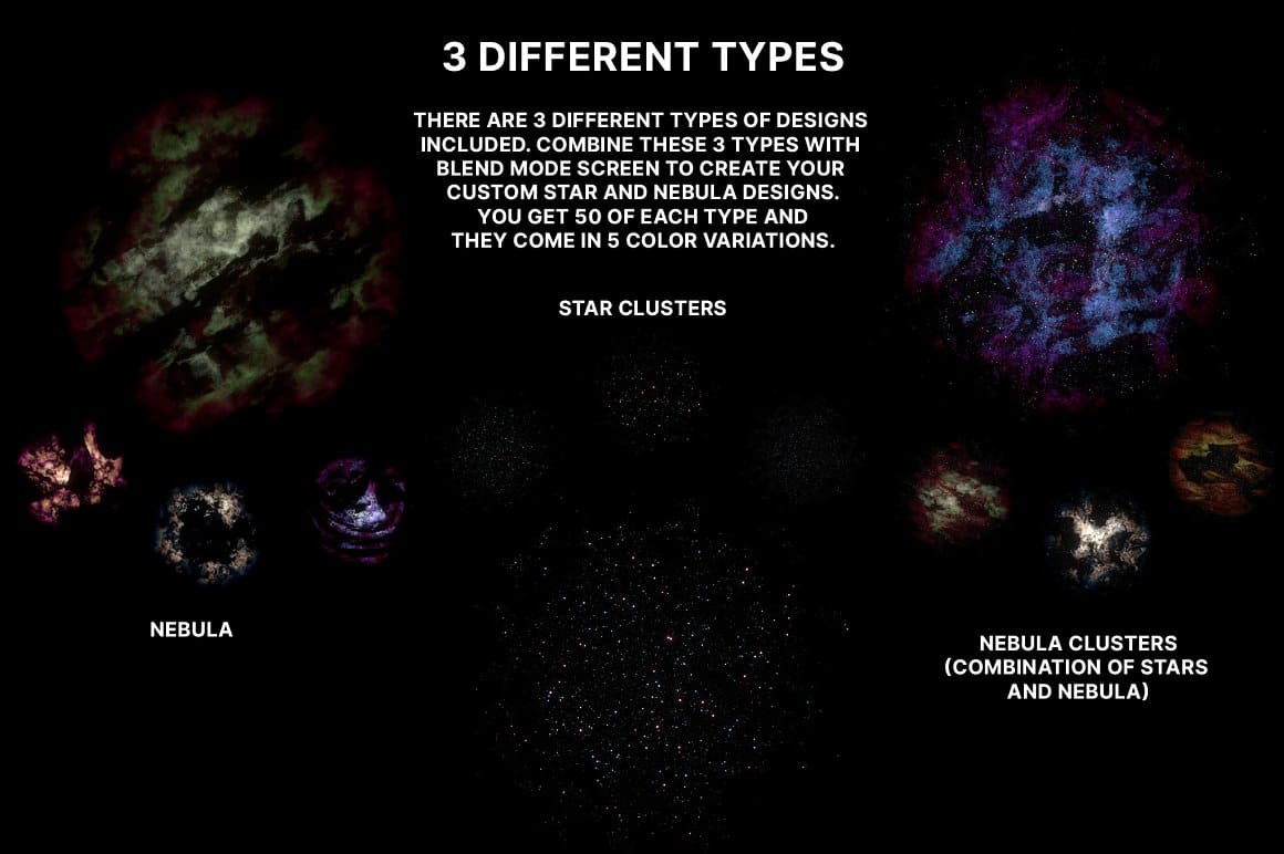 3 different types of Nebula Star Clusters designs (Brushes, PNG).