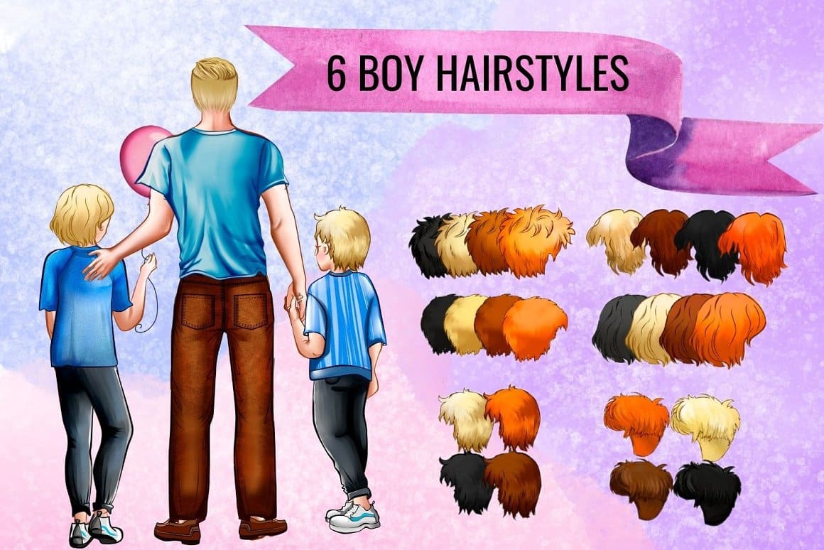 6 boy hairstyles on the blue and pink background.